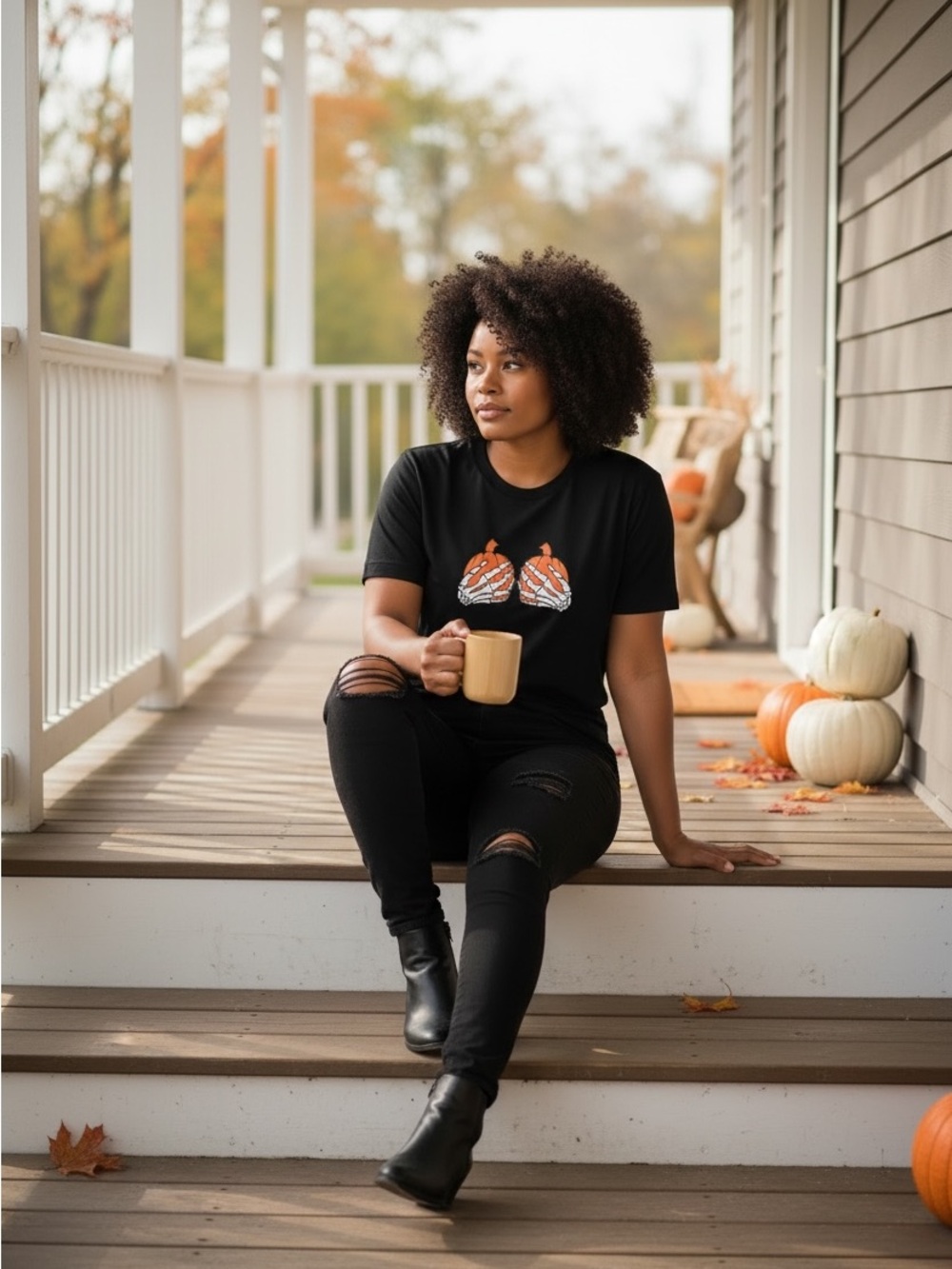 Halloween Pumpkin Skeleton Hands Graphic Tee 0XL Black Plus Size Spooky Shirt